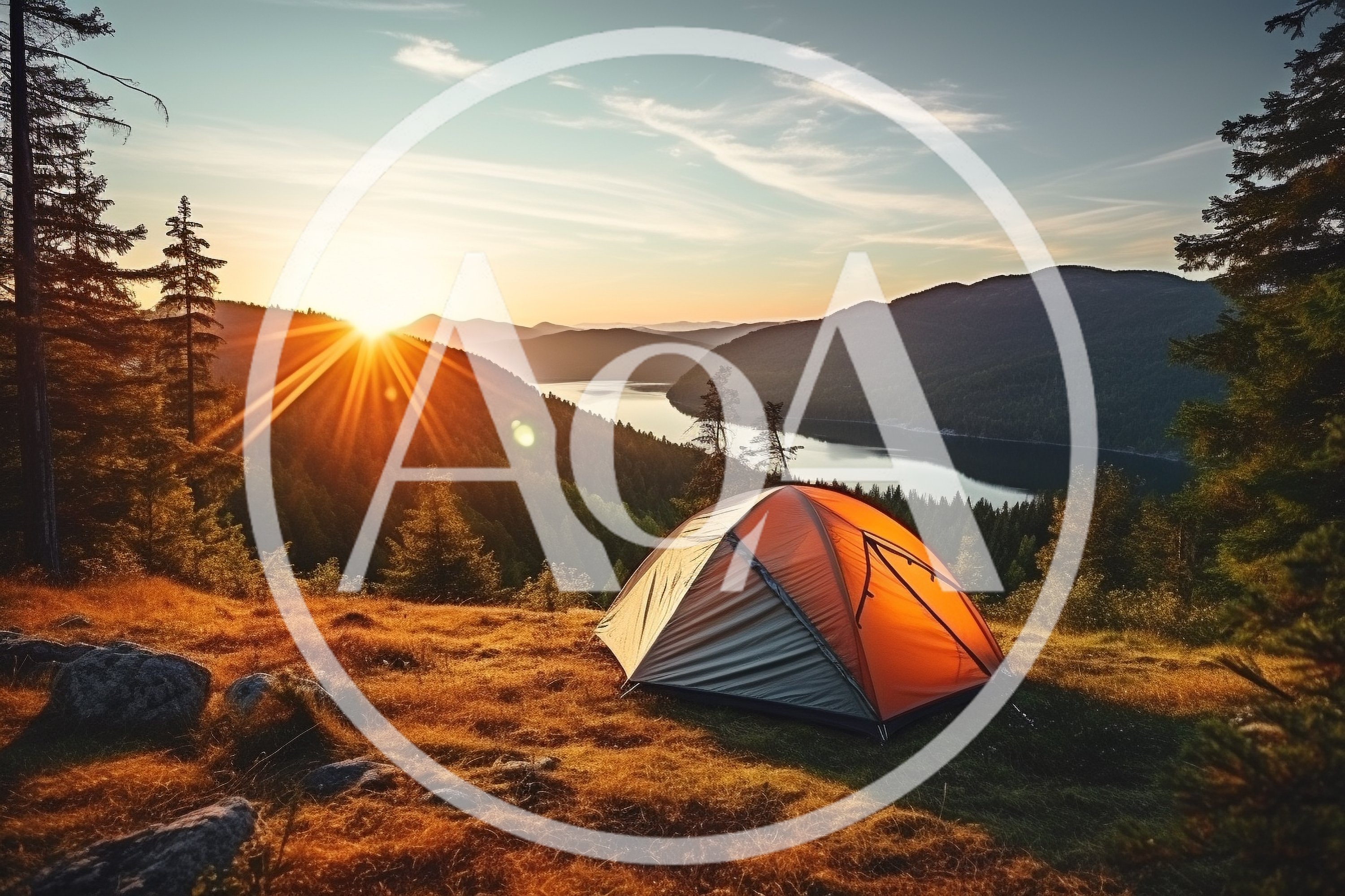 Camping Tent Overlooking A Mountain Lake At Sunrise