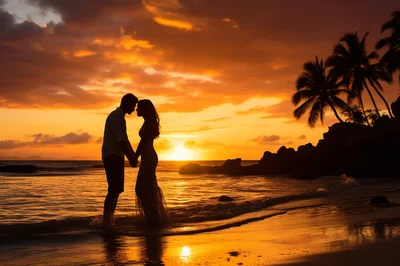 Romantic Couple Holding Hands During Tropical Beach Sunset