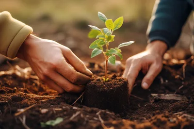 Two People Planting A Small Green Sapling In Soil
