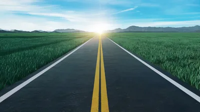 Empty Asphalt Road Through Green Grass Field At Sunrise