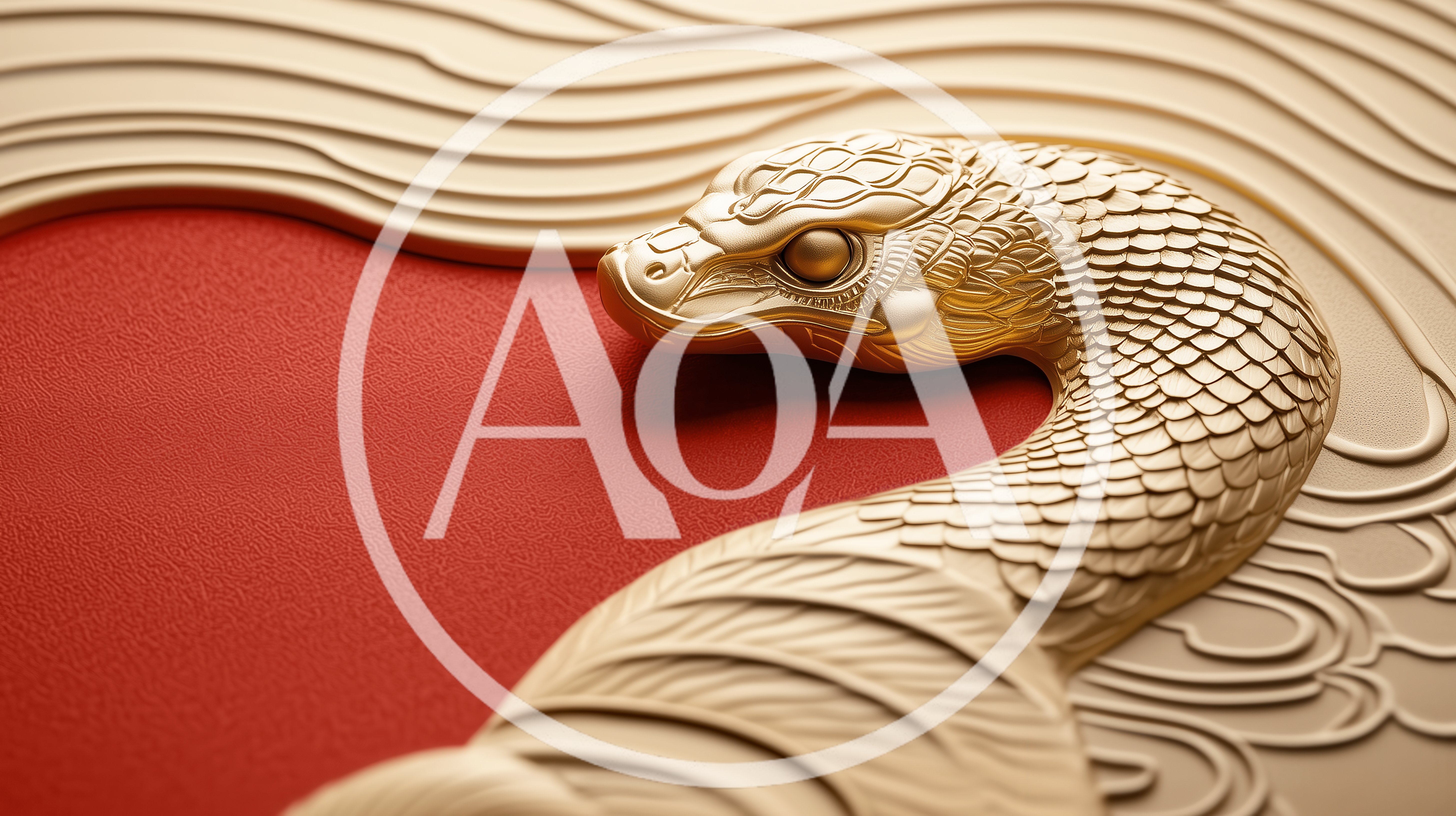 Golden Snake Sculpture On Red Textured Background