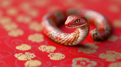 Red Snake Coiled On Traditional Chinese Patterned Background