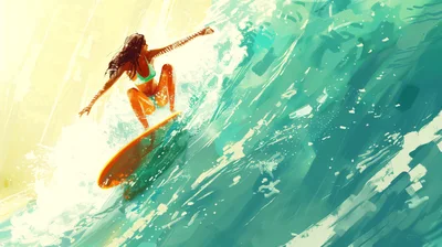 Woman Surfing A Large Ocean Wave