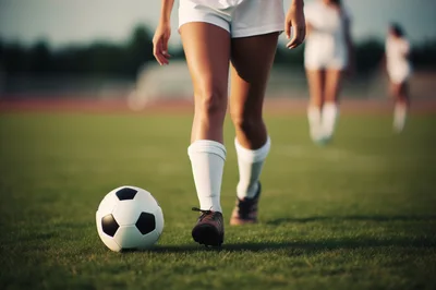 Female Soccer Player Dribbling Ball On Field
