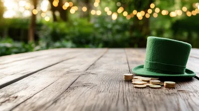 Green Leprechaun Hat With Gold Coins On Wooden Table