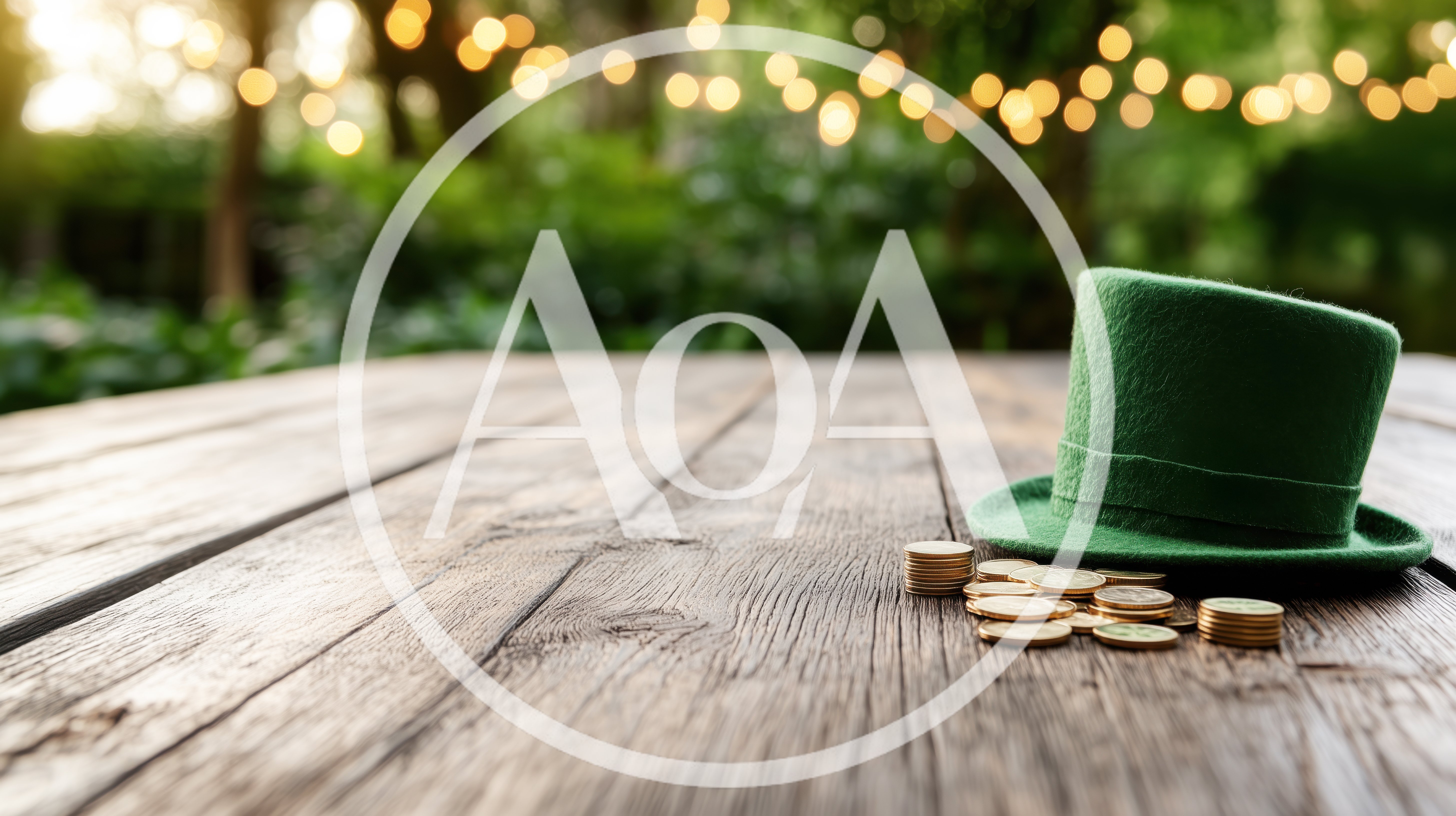 Green Leprechaun Hat With Gold Coins On Wooden Table