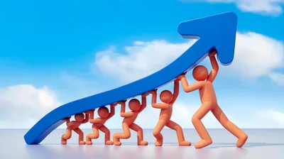 3D Characters Lifting A Large Blue Growth Arrow