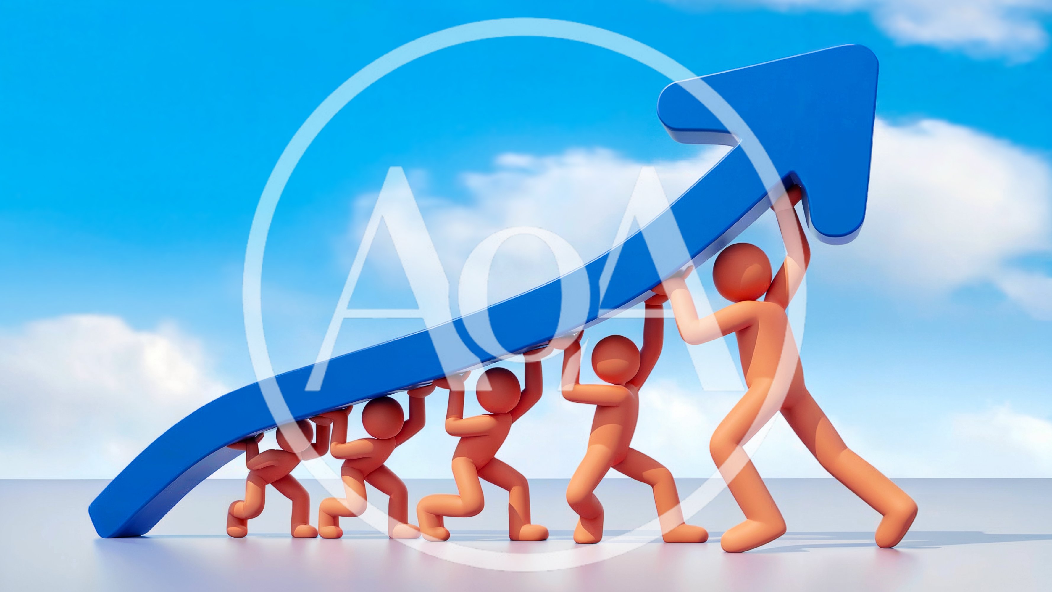 3D Characters Lifting A Large Blue Growth Arrow