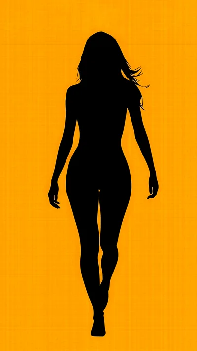 Silhouette Of A Woman Walking On Orange Background
