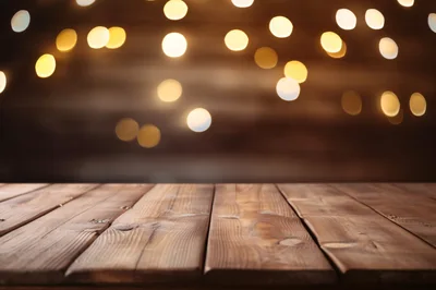 Empty Wooden Table With Blurred Festive Bokeh Lights
