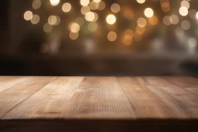 Empty Wooden Table With Blurred Bokeh Lights Background