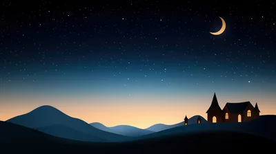 Minimalist Night Landscape With Crescent Moon And Silhouette Houses