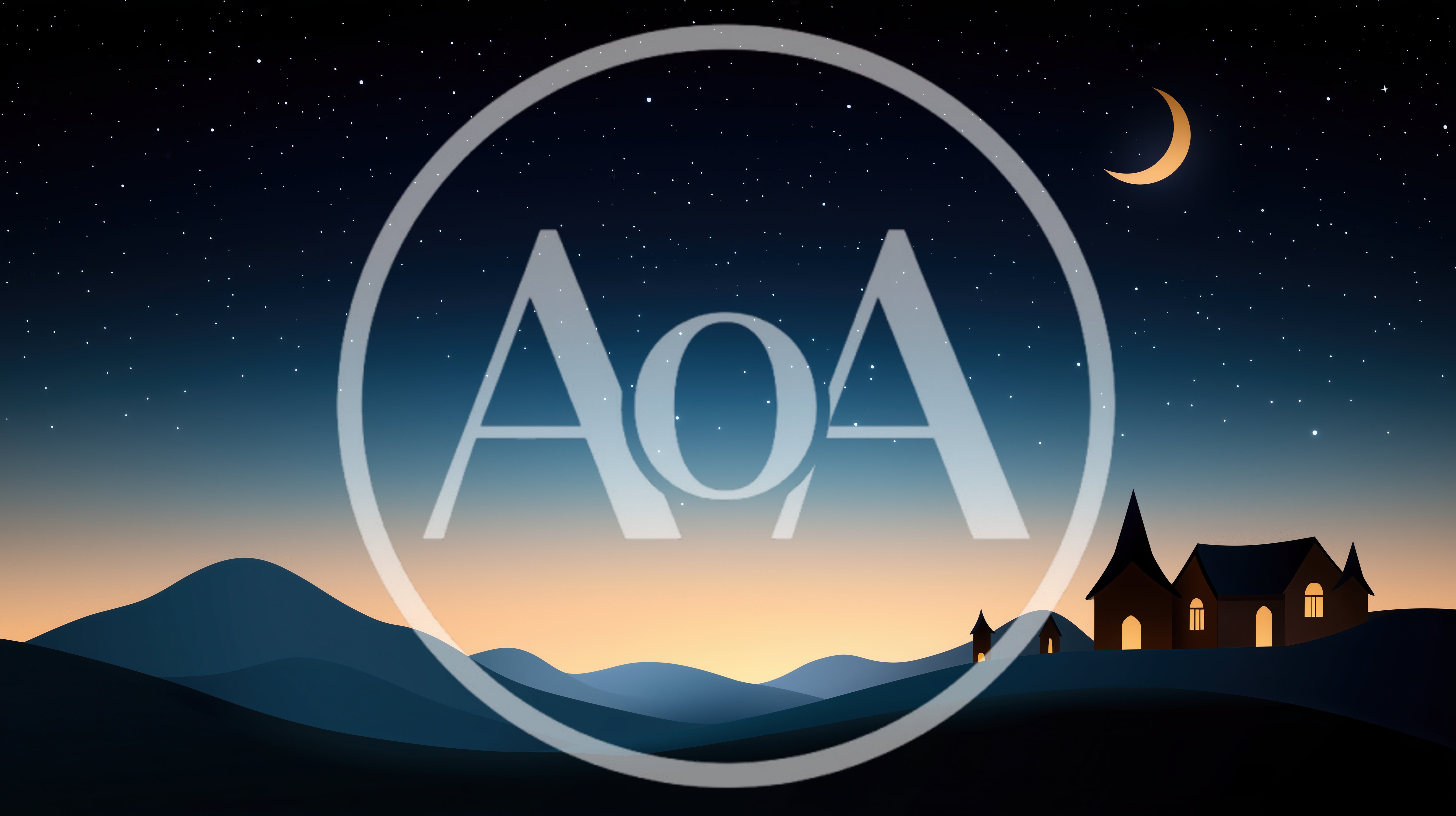 Minimalist Night Landscape With Crescent Moon And Silhouette Houses