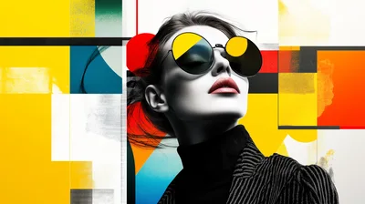 Stylish Woman Wearing Sunglasses Against Abstract Geometric Background