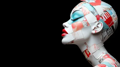 Abstract Collage Mannequin Head With Artistic Makeup