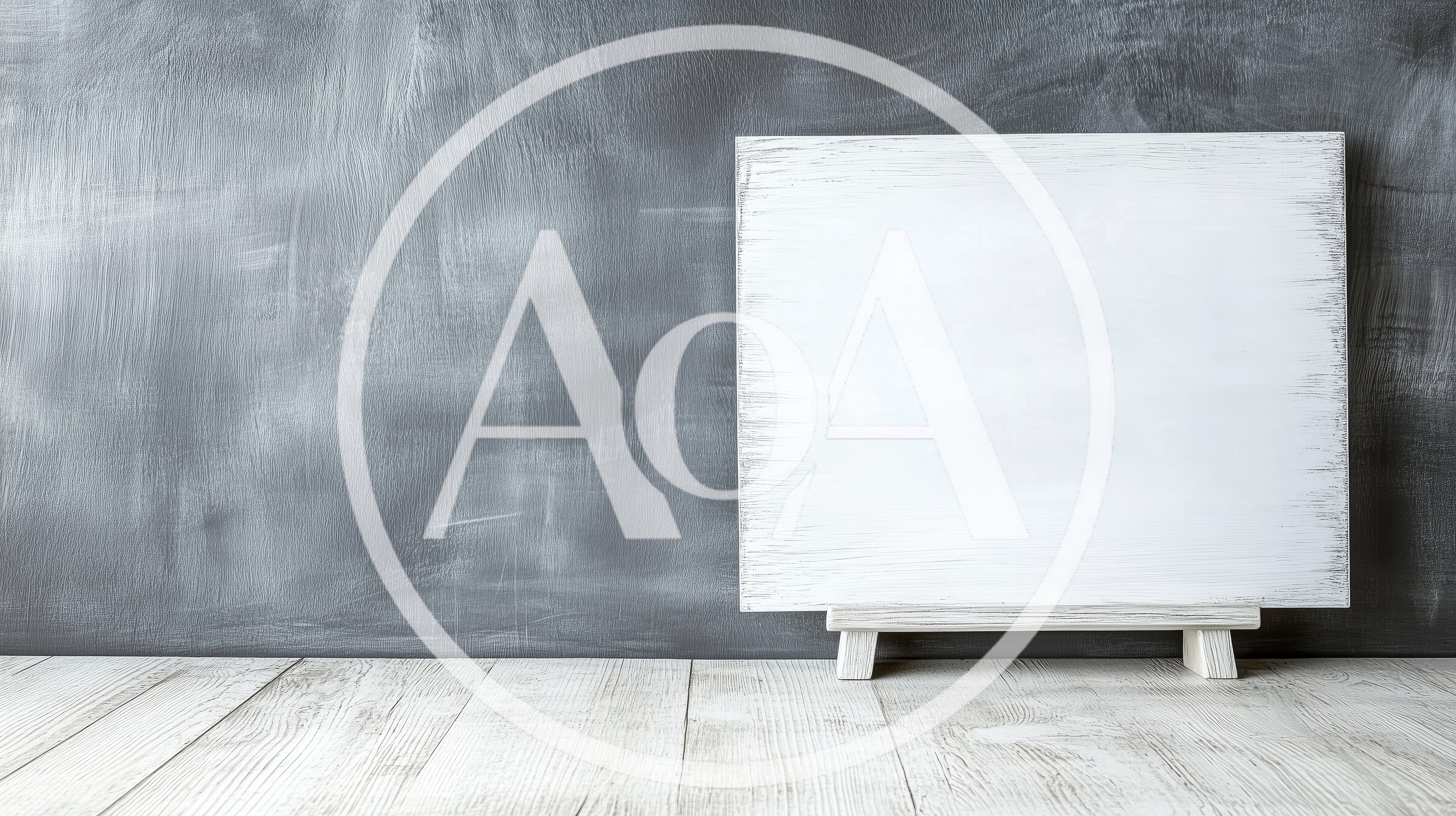 Blank White Wooden Sign on Easel Against Chalkboard
