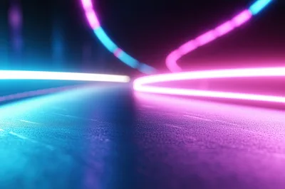 Abstract Neon Light Trails On Dark Reflective Surface