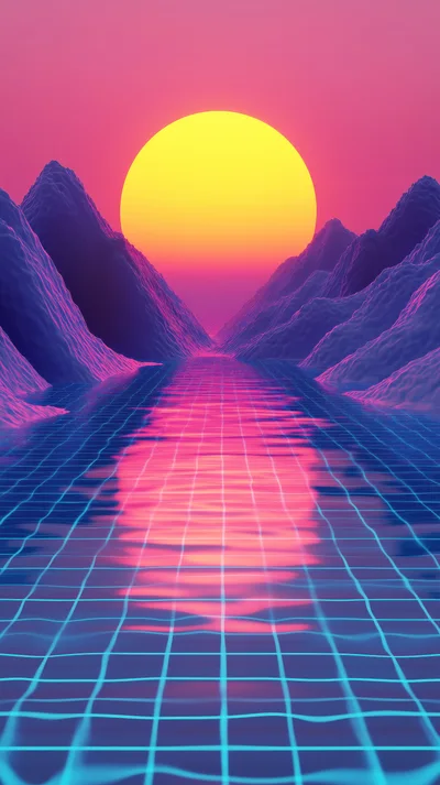 Synthwave Retro Landscape With Glowing Sun And Grid Water