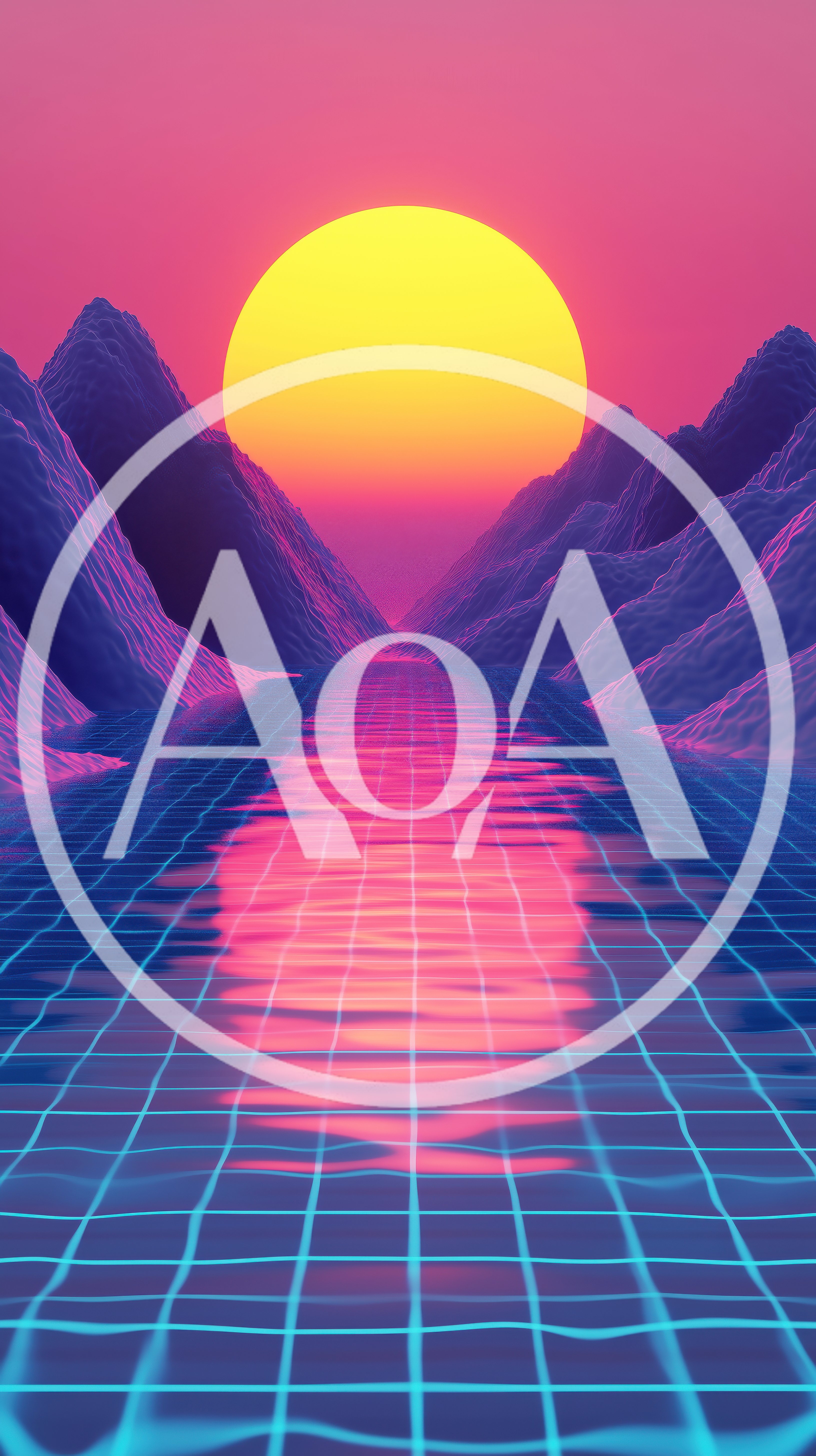 Synthwave Retro Landscape With Glowing Sun And Grid Water