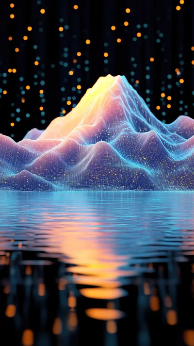Digital Wireframe Mountain Landscape With Glowing Reflections