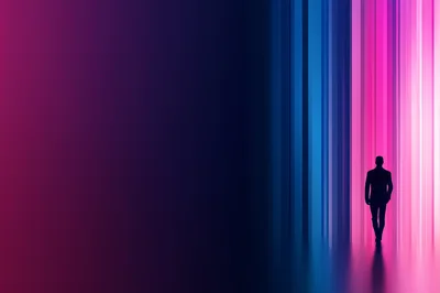 Silhouette Of A Man Walking Through Neon Light Pillars