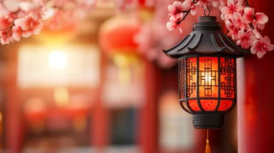 Traditional Chinese Lantern Hanging With Cherry Blossoms
