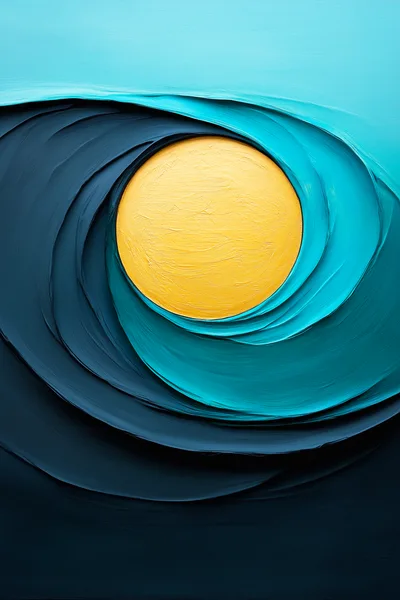 Abstract Oil Painting Of A Golden Sun In Waves
