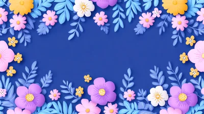 Paper Cutout Floral Frame On Blue Background