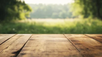 Empty Wooden Table Surface With Blurred Nature Background
