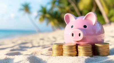 Pink Piggy Bank With Gold Coins On Tropical Beach