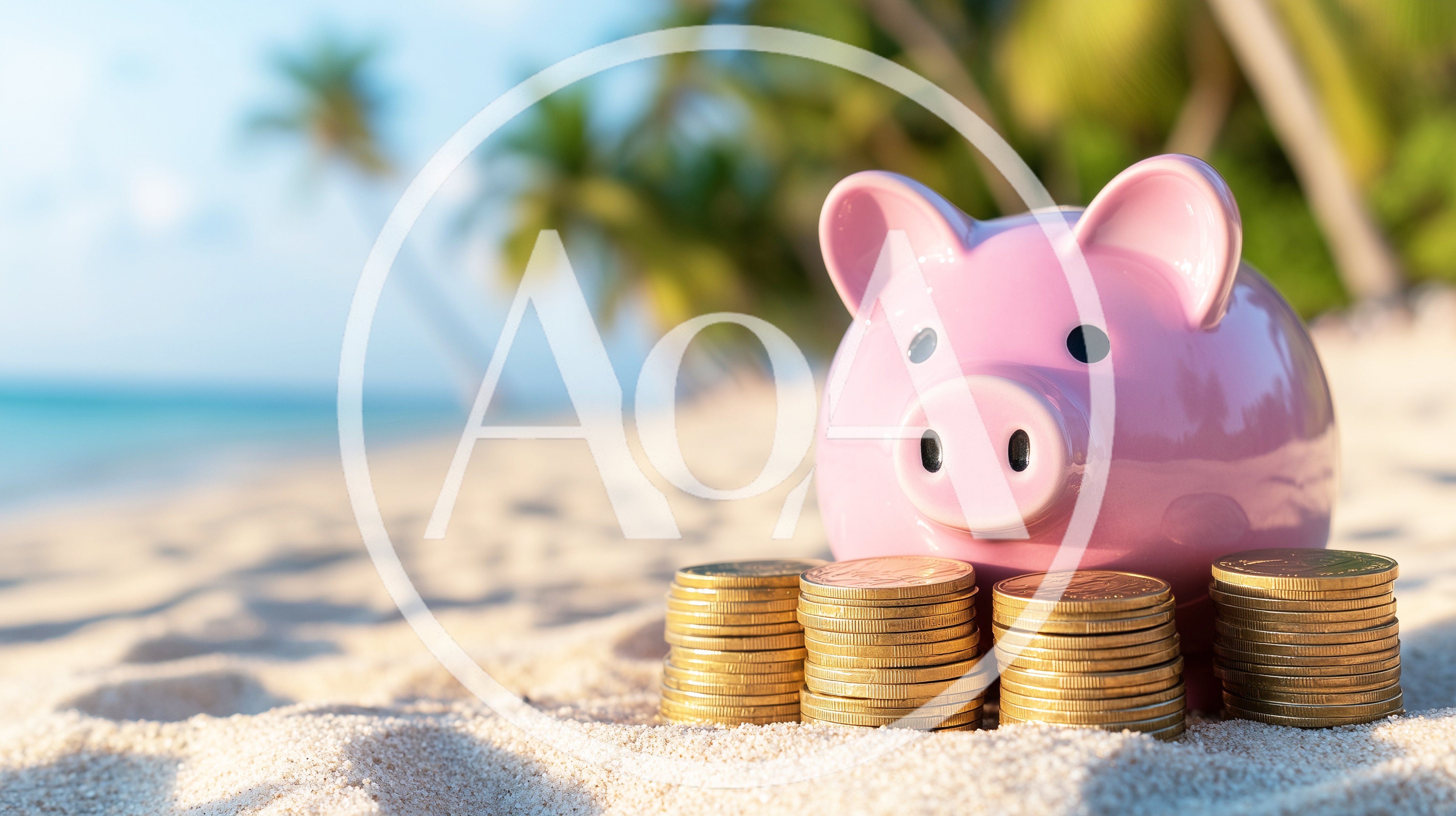 Pink Piggy Bank With Gold Coins On Tropical Beach