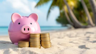 Pink Piggy Bank With Stacks Of Gold Coins On Beach