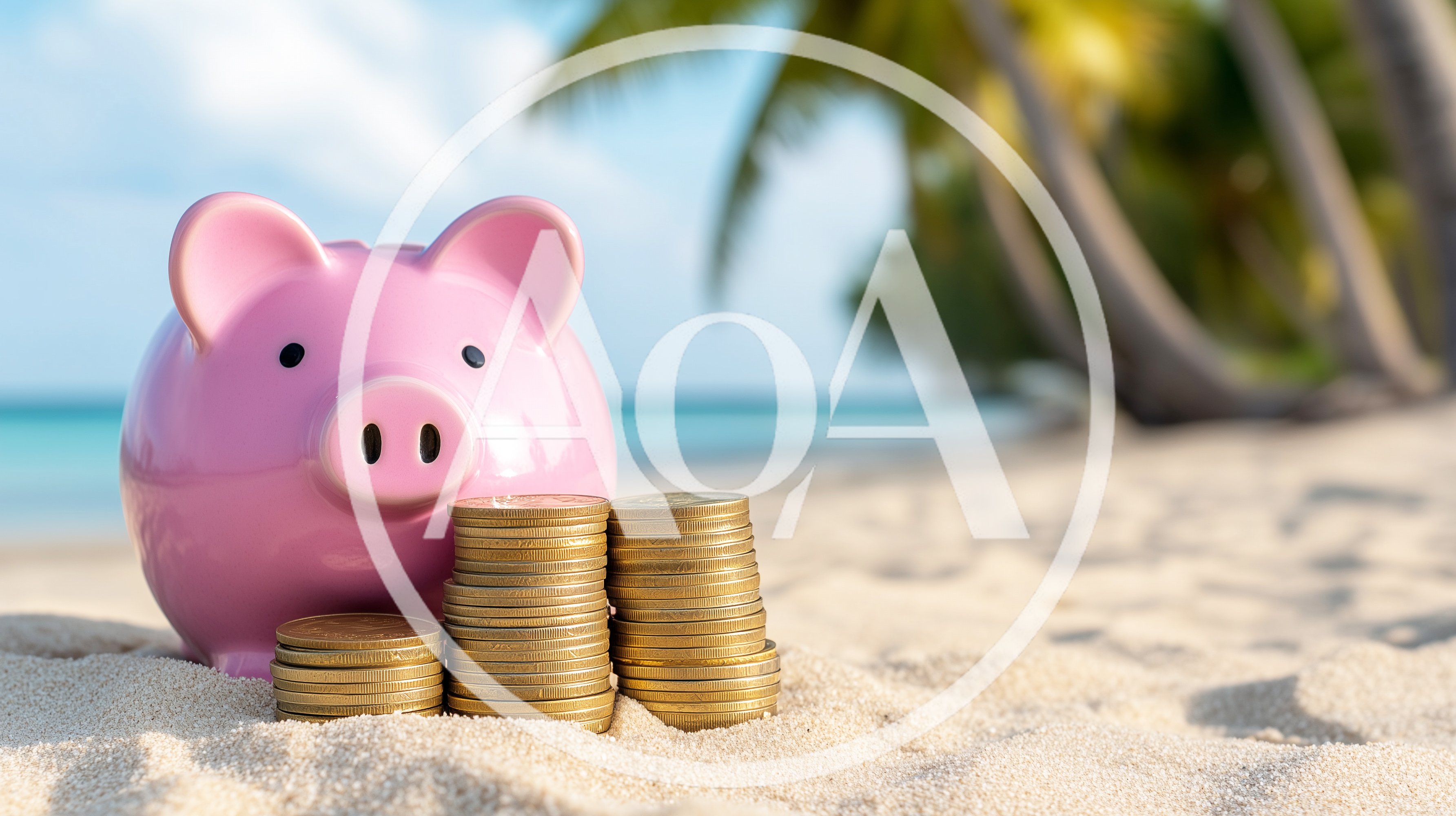Pink Piggy Bank With Stacks Of Gold Coins On Beach