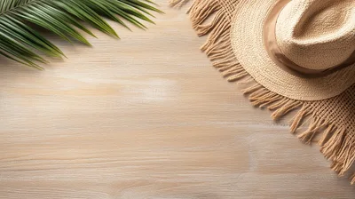 Straw Hat and Palm Leaf on Wooden Background