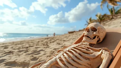 Human Skeleton Relaxing On A Beach Chair