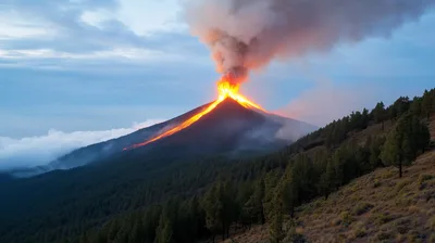 Volcanic Eruption With Lava Flow And Ash Plume