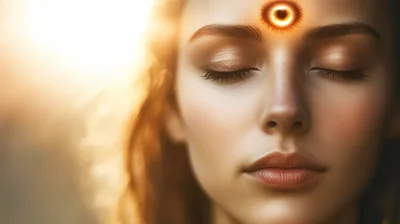 Woman Meditating With Glowing Third Eye Symbol