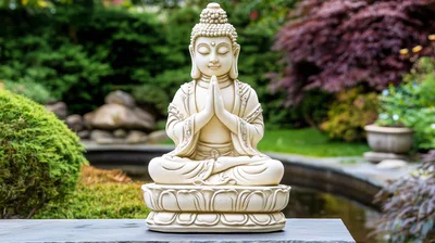 White Buddha Statue Sitting In Prayerful Meditation