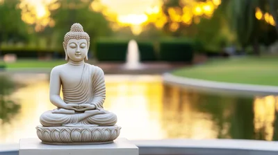 Stone Buddha Statue Sitting In Meditation By A Pond