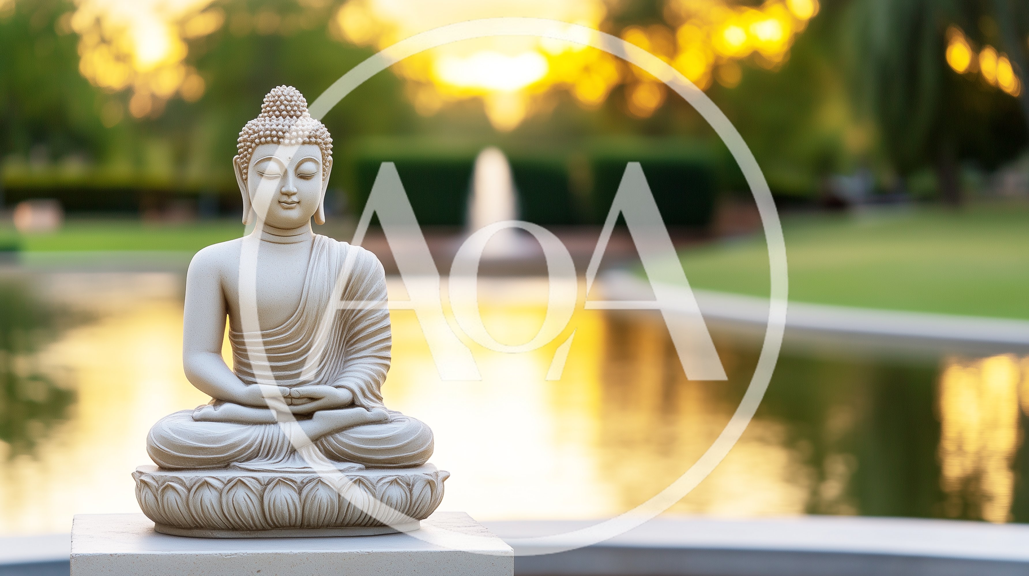 Stone Buddha Statue Sitting In Meditation By A Pond