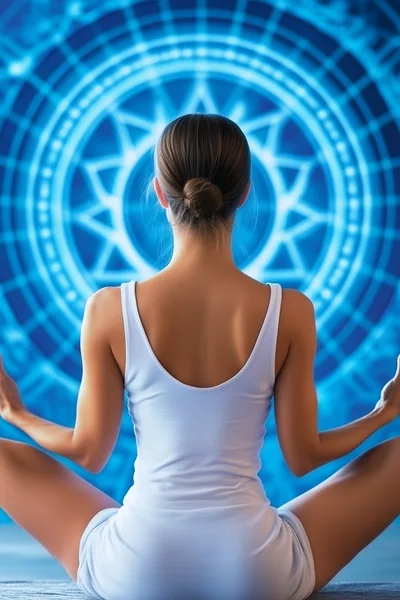 Woman Meditating In Front Of Glowing Blue Mandala