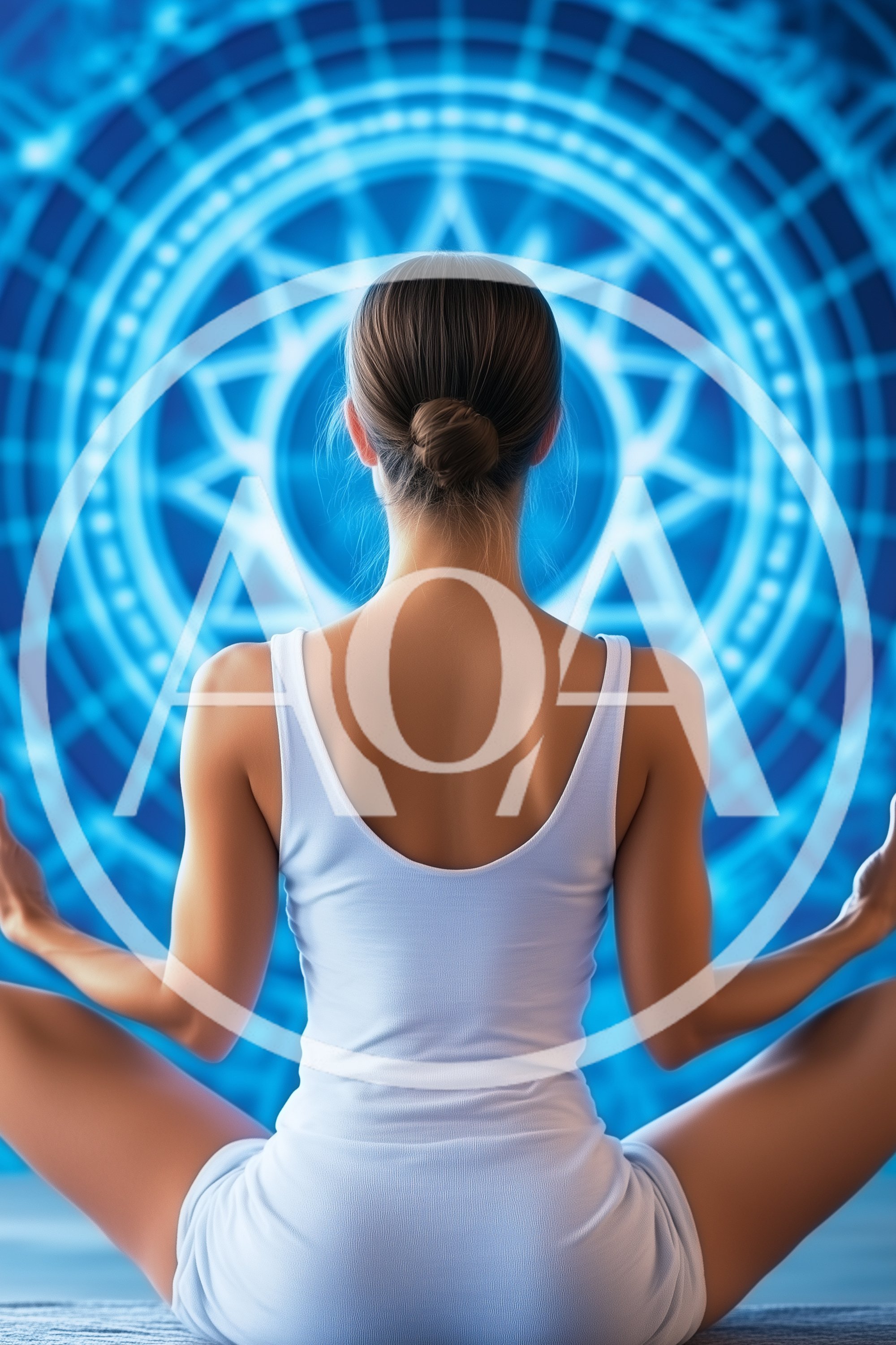 Woman Meditating In Front Of Glowing Blue Mandala
