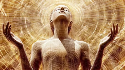 Digital Wireframe Human Figure With Radiant Golden Aura