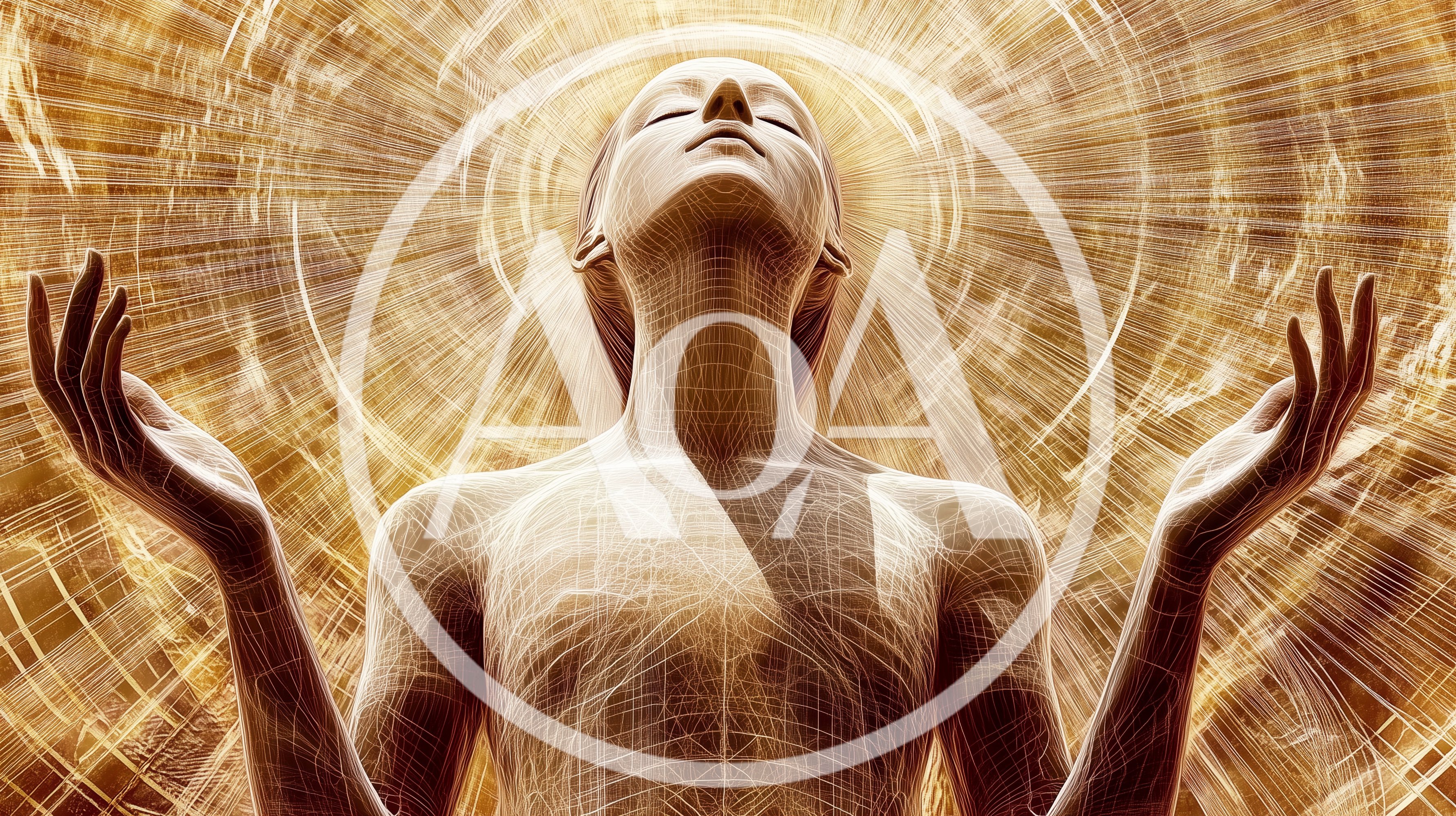 Digital Wireframe Human Figure With Radiant Golden Aura