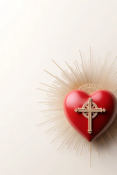 Sacred Heart Symbol With Golden Cross And Sunburst