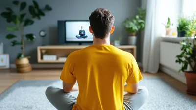 Man Practicing Yoga At Home Following Online Tutorial