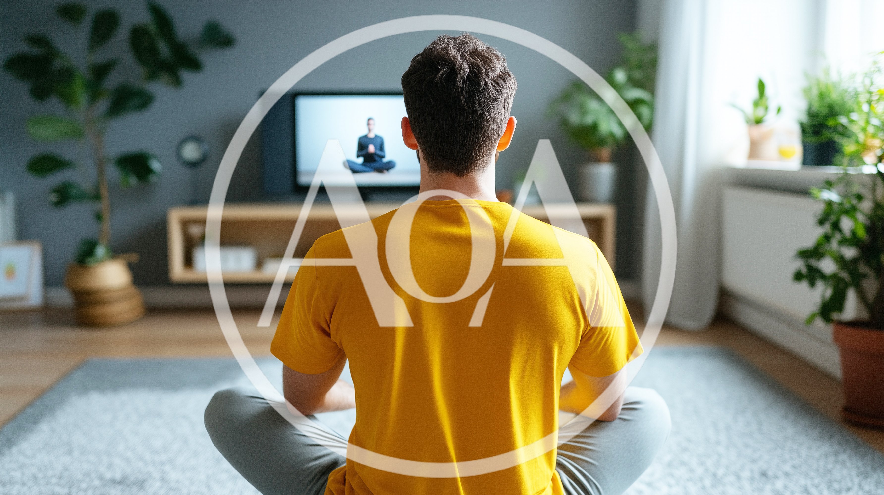 Man Practicing Yoga At Home Following Online Tutorial