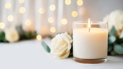 Lit Candle With White Rose And Bokeh Lights