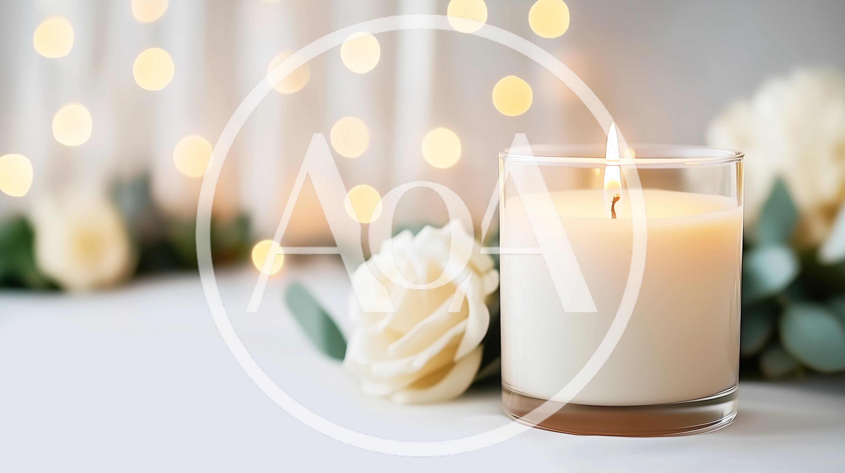 Lit Candle With White Rose And Bokeh Lights