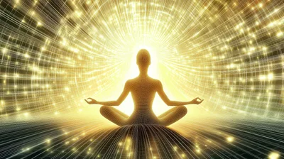Digital Wireframe Human Figure Meditating In Golden Light